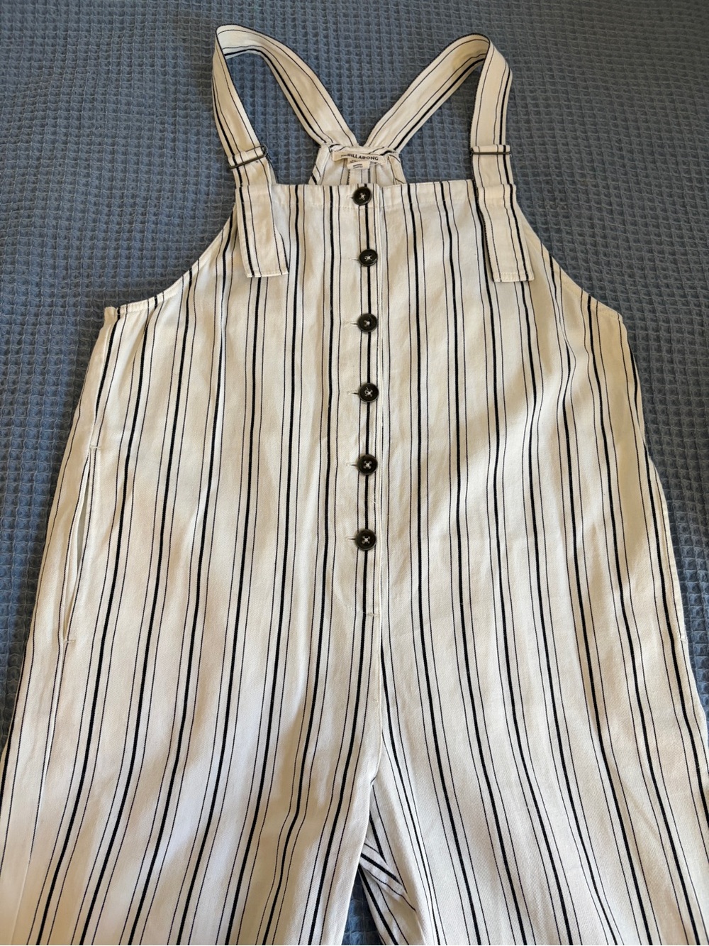 Billabong White and Black Striped Button down Jumpsuit